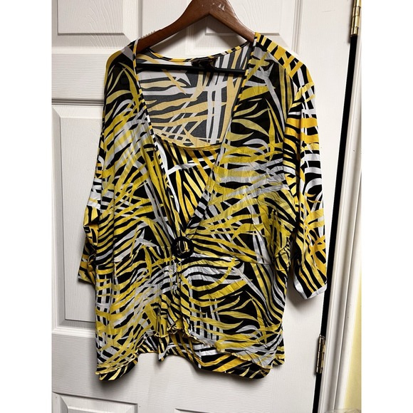 306-008 Multiples Womens Top Size 3X Yellow Tropical Mesh‎ Overlay Blouse Shirt - Picture 1 of 7